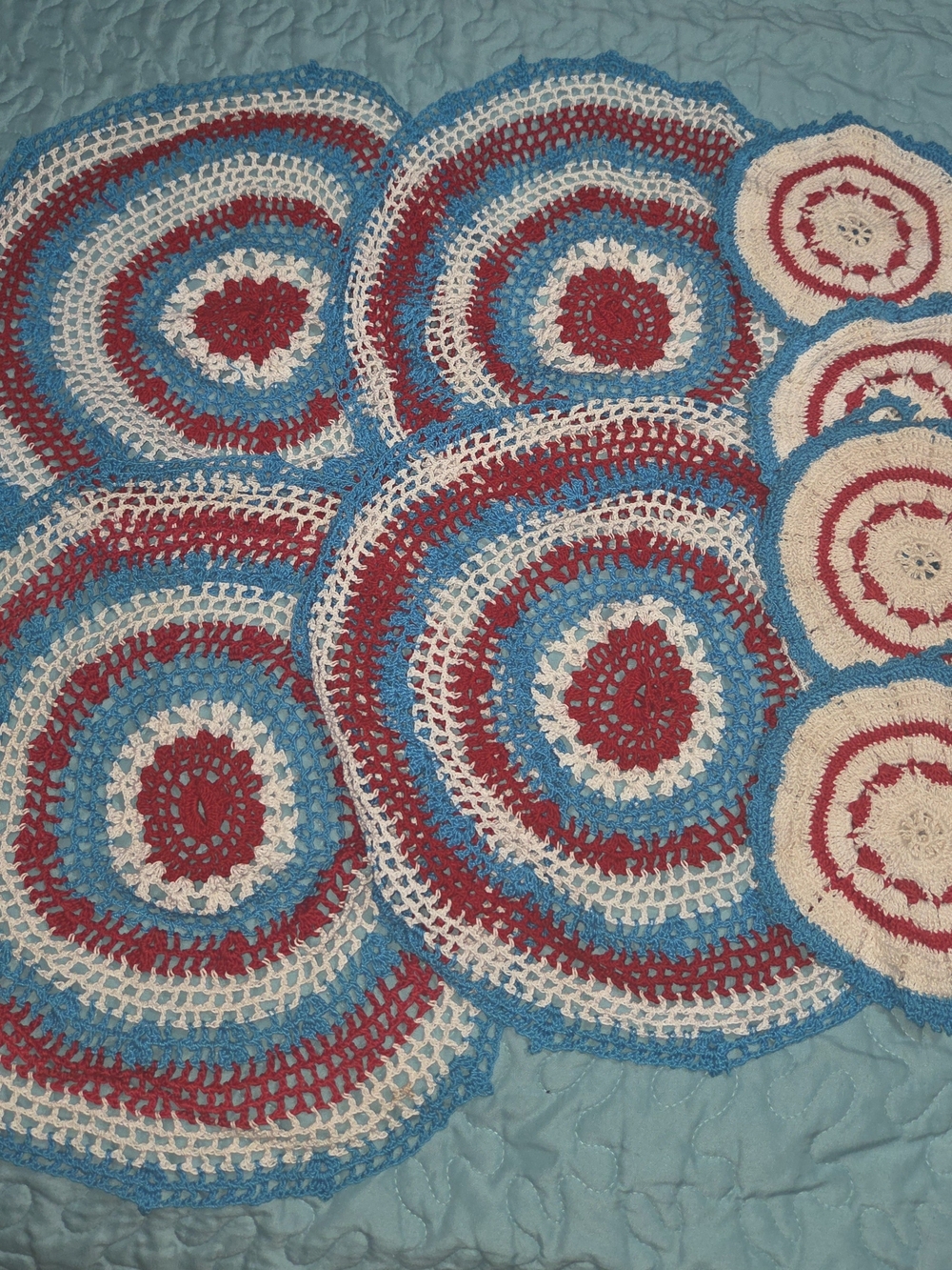 Handmade Crochet Round Doilies Set – Red, Blue & Cream